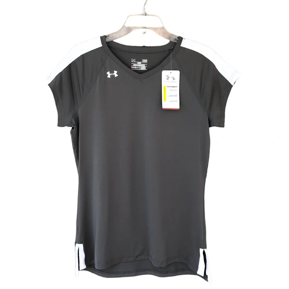 Under‎ Armour Heat Gear Gray White Short Sleeve Fitted Shirt Size L